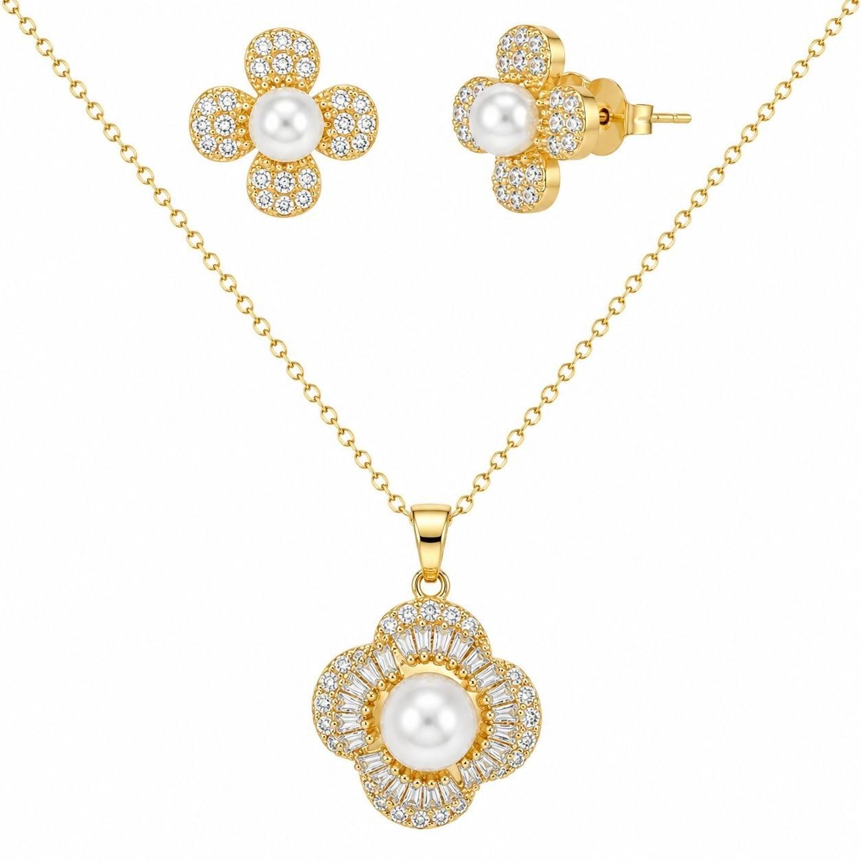SET DE ENCHAPE PARA DAMA CADENA, DIJE Y TOPOS FLOR TREBOL CON PERLA Y HALO DE CIRCONES