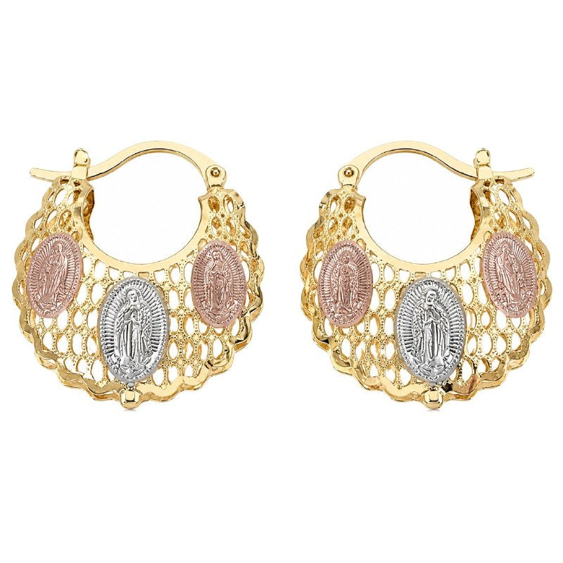 ARGOLLAS DE ENCHAPE PARA DAMA CON DISEÑO DE VIRGEN MARIA 3CM