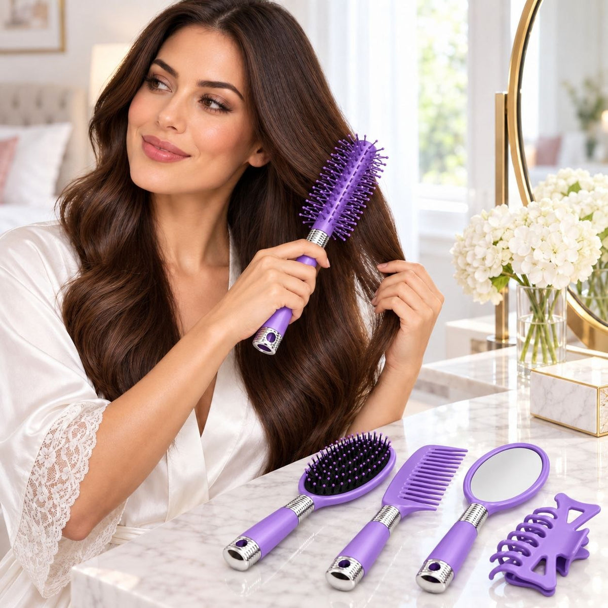 SET DE CEPILLOS ESPEJO Y ACCESORIOS PARA CABELLO 5 PIEZAS