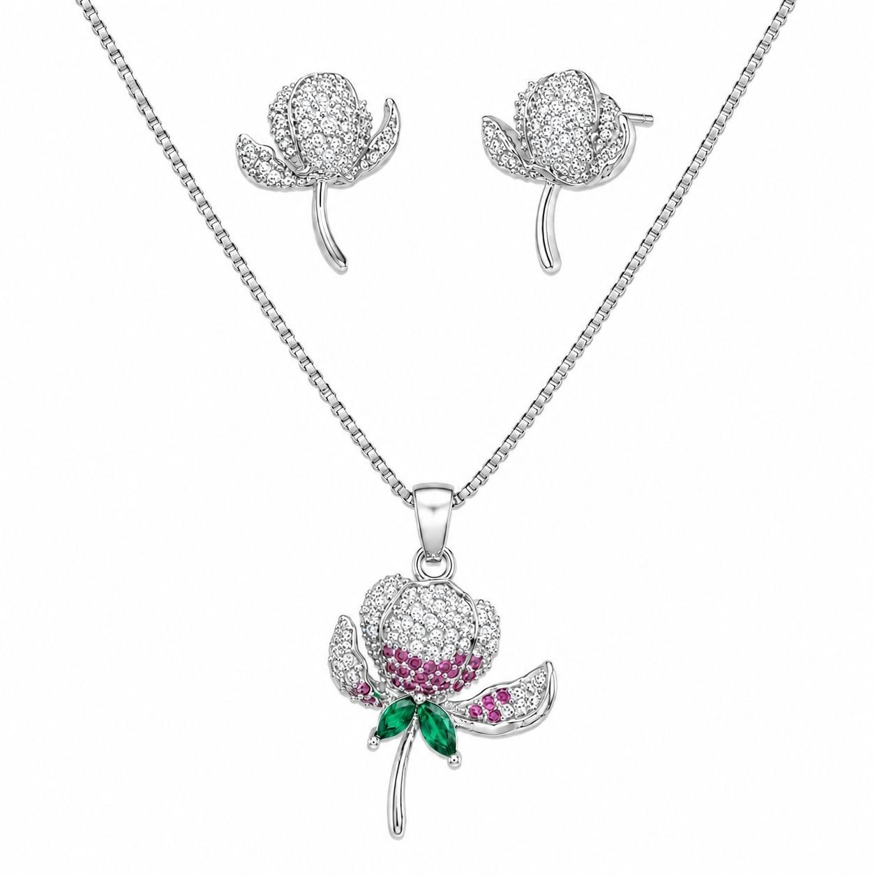 SET DE ENCHAPE PARA DAMA CADENA, DIJE Y TOPOS FLOR BOTÓN CON CIRCONES TRICOLOR