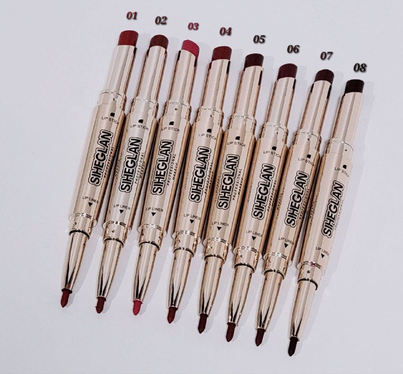 BRILLO LABIAL 2 EN 1 SIHEGLAN DUPE DE SHEGLAM , LAPIZ LABIAL Y DELINEADOR DE LABIOS VOLUMINOSOS Y DELINEADOS 8 TONOS