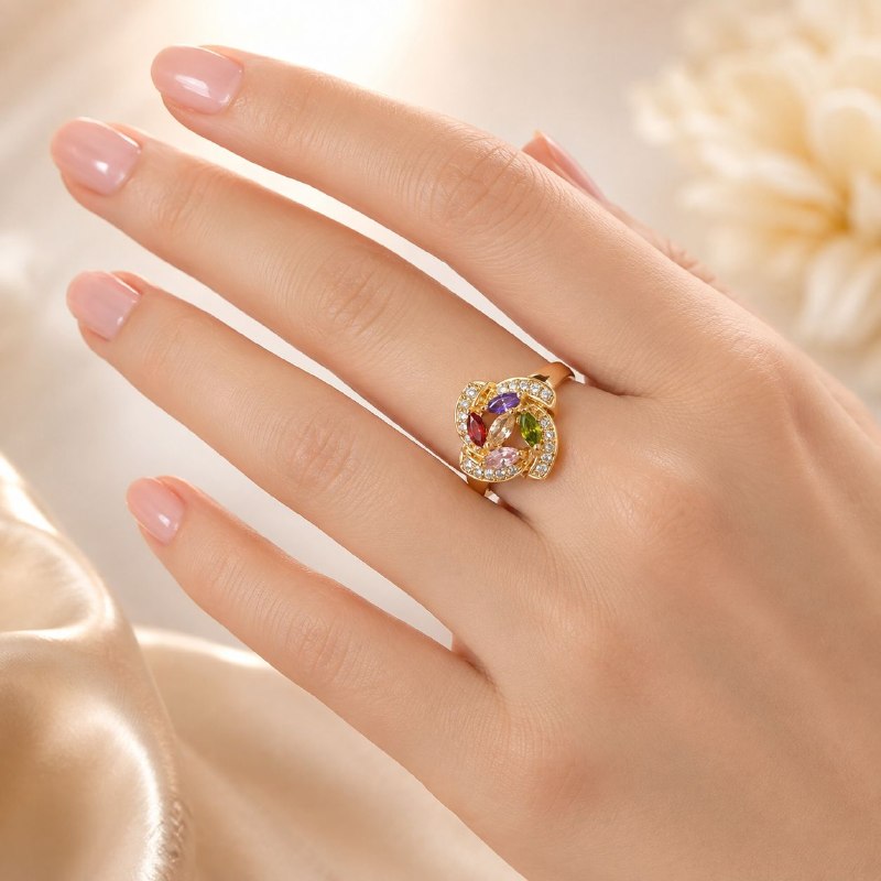 ANILLO DE ENCHAPE PARA DAMA CON DISEÑO DE FLOR CON PIEDRAS DE COLORES