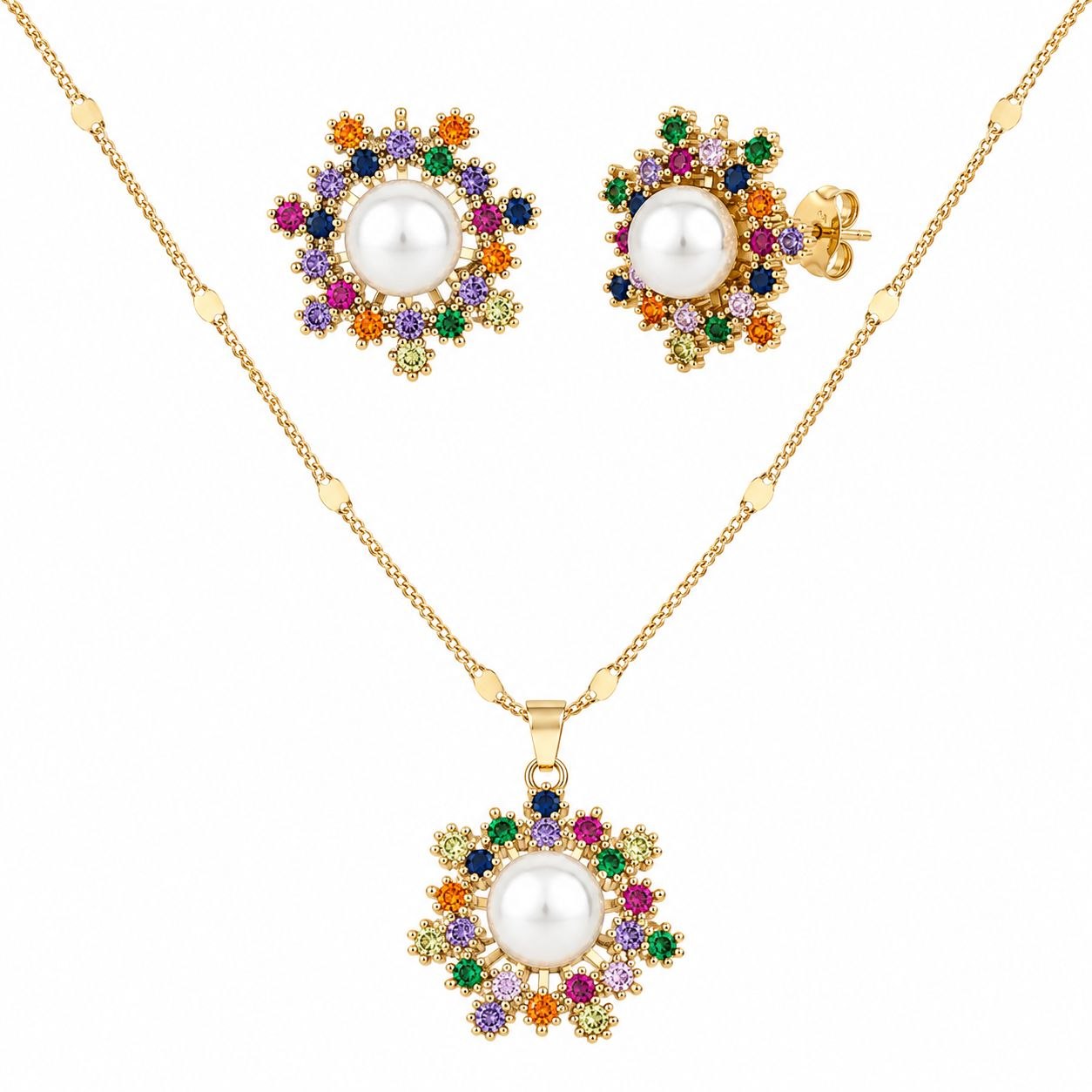 SET DE ENCHAPE PARA DAMA CON DISEÑO CIRCULAR ESTILO ROSETÓN DE PERLA Y CIRCONES MULTICOLOR