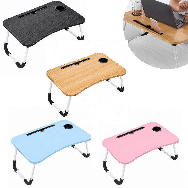 MESA PLEGABLE PORTATIL PARA CAMA O SOFA CON PORTAVASOS Y RANURA PARA TABLET 60X40X27CM