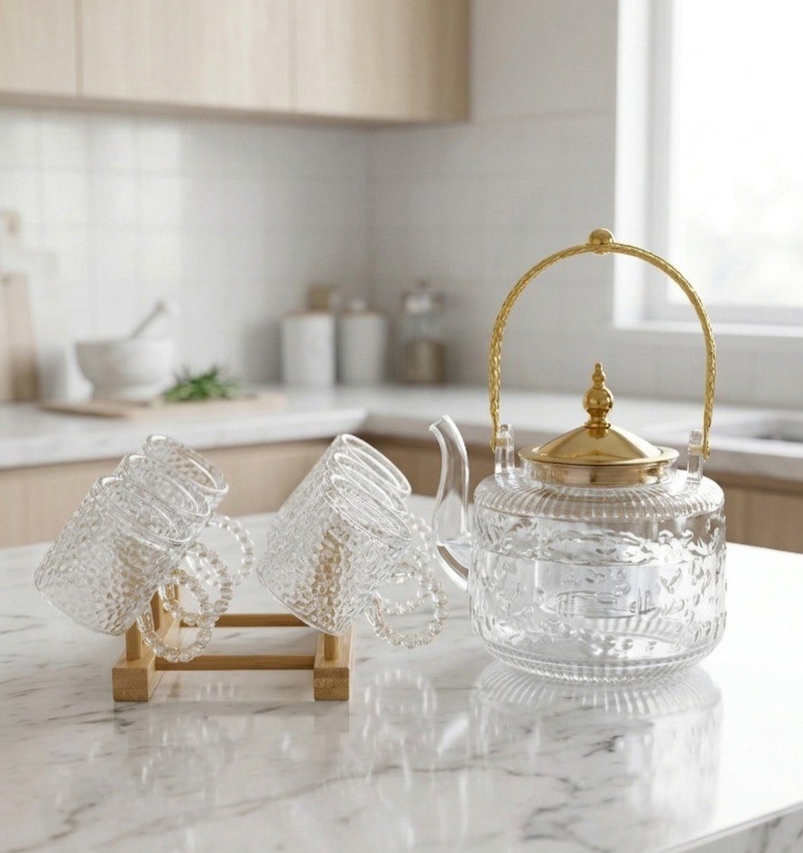 SET DE TETERA Y TAZAS DE CRISTAL DE ALTA RESISTENCIA DE LUJO 5PCS