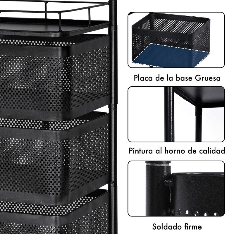 ESTANTE ORGANIZADOR MULTIUSOS GIRATORIO DE 5 NIVELES DE ACERO AL CARBONO NEGRO 90X28CM
