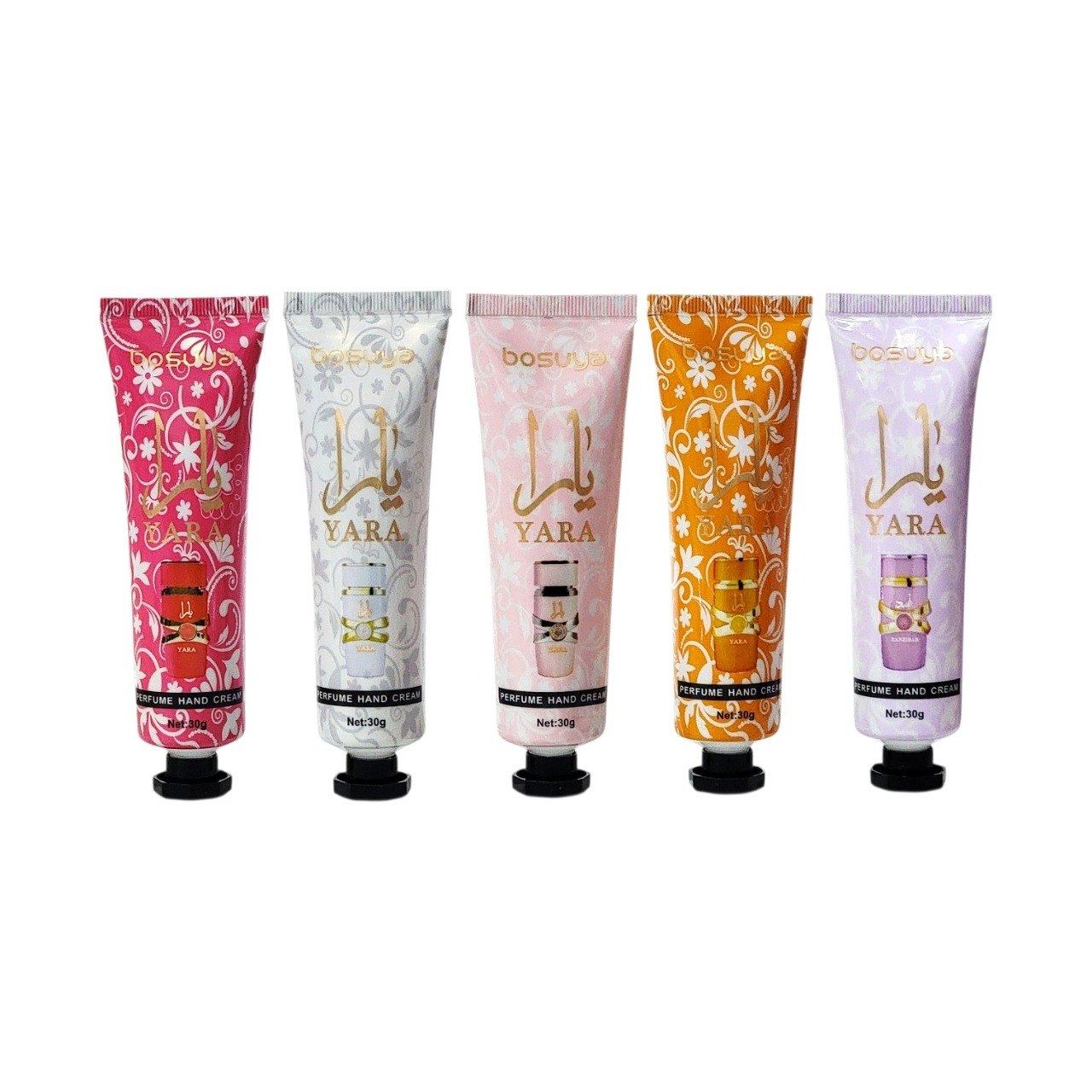 SET DE CREMAS PARA MANOS CON AROMAS DE PERFUMERIA ARABE 5PCS BOSUYA (AROMA SIMILAR A LATTAFA YARA)