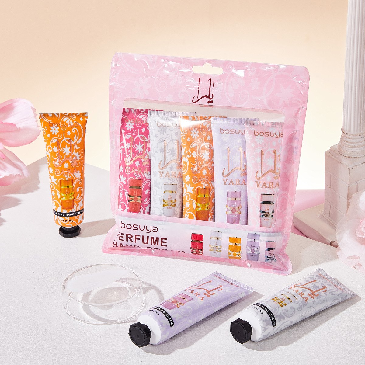 SET DE CREMAS PARA MANOS CON AROMAS DE PERFUMERIA ARABE 5PCS BOSUYA (AROMA SIMILAR A LATTAFA YARA)