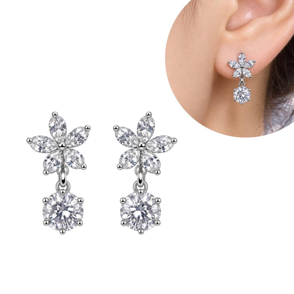 ARITOS DE ENCHAPE PARA DAMA CON DISEÑO FLORAL Y CIRCONIA REDONDA COLGANTE 1.5CM