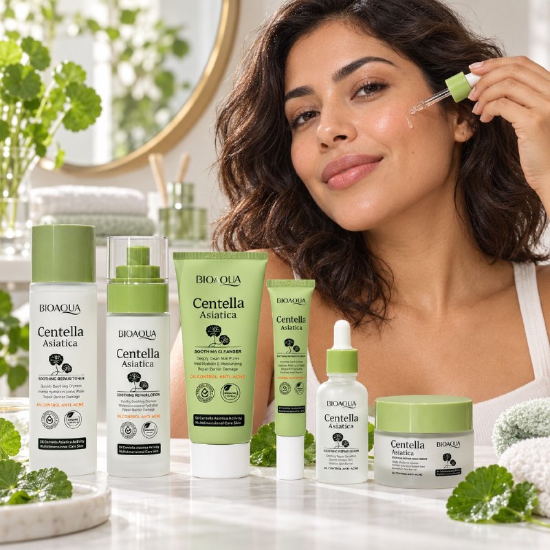 SET DE CUIDADO FACIAL DIARIO HIDRATANTE, CALMANTE Y ANTIACNE DE CENTELLA ASIATICA BIOAQUA 6PCS