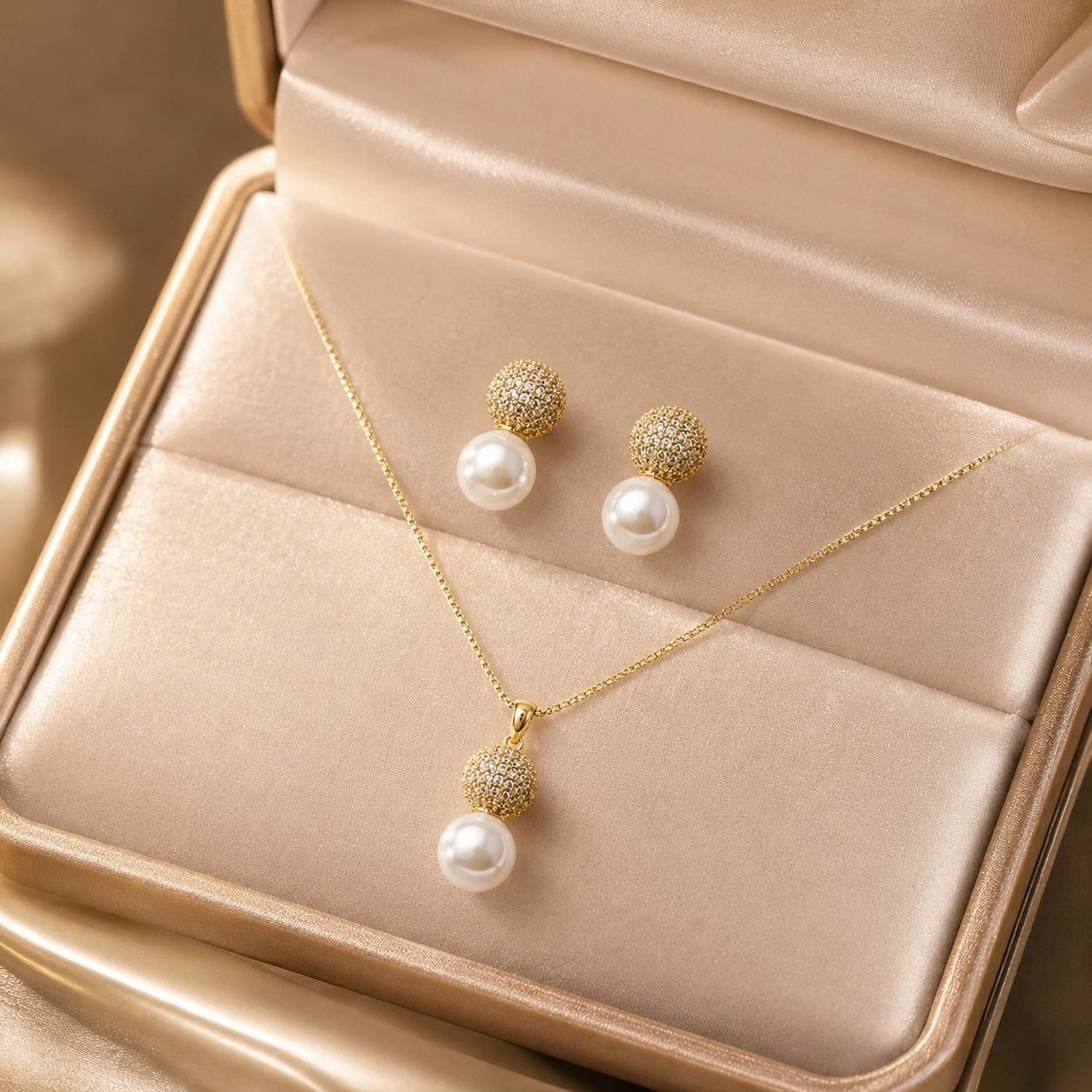 SET DE ENCHAPE PARA DAMA CADENA, DIJE Y TOPOS ESFERA PAVÉ CON PERLA COLGANTE