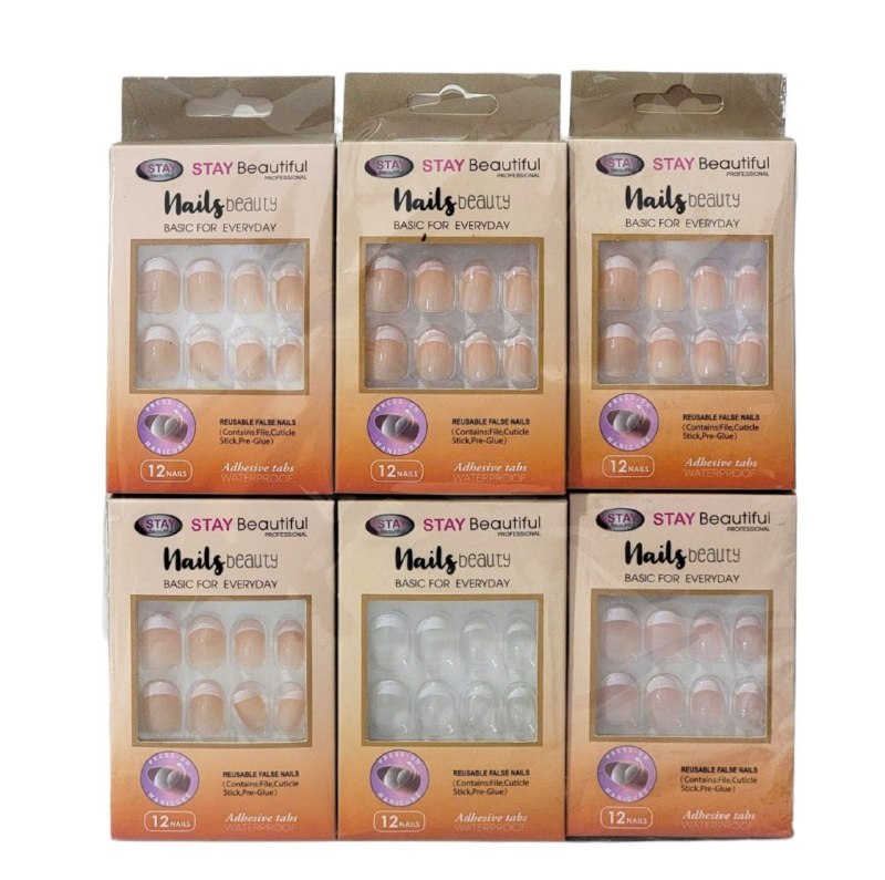 UÑAS POSTIZAS REUTILIZABLES CON DISEÑOS CLASICOS DE USO DIARIO STAY BEAUTIFUL 12PCS