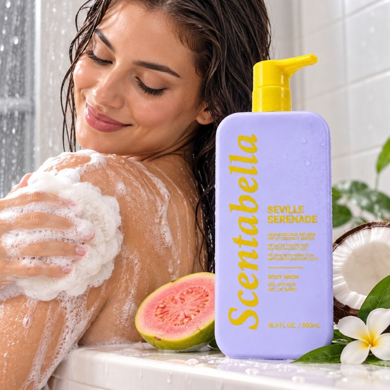 GEL DE DUCHA HIDRATANTE SUAVE AROMATICO DE GUAYABA Y AGUA DE COCO SCENABELLA 500ML