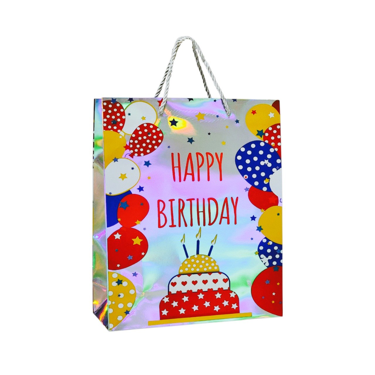 BOLSA DE REGALO DE CUMPLEAÑOS PLATEADA MEDIANA 32X26X10CM