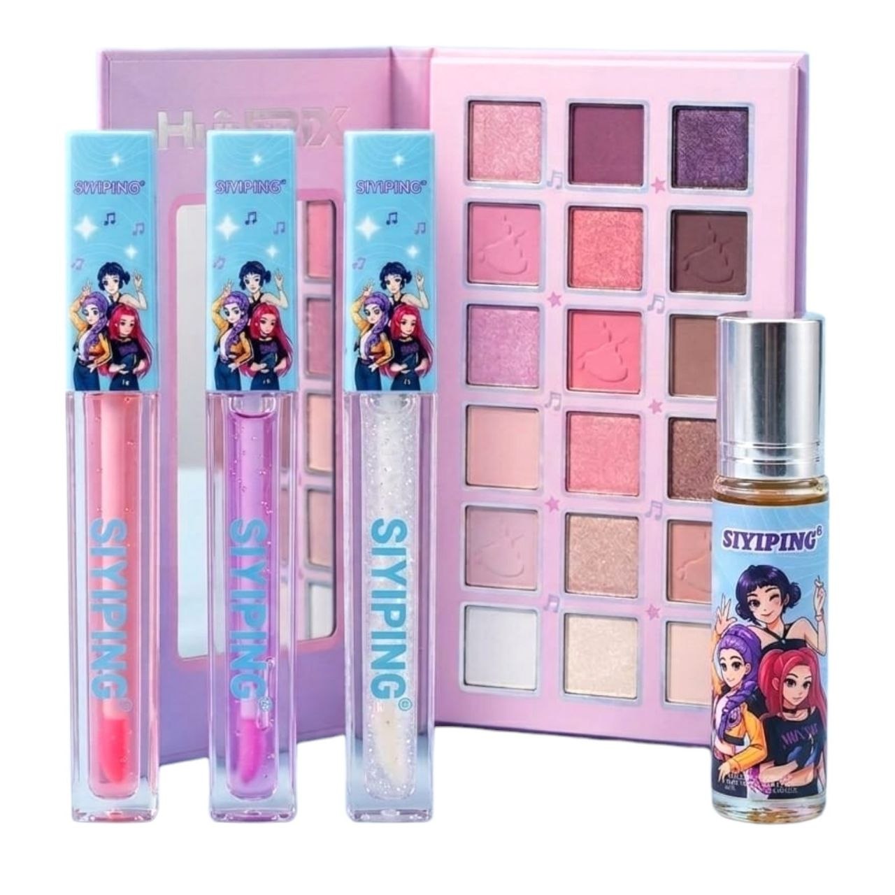 KIT DE MAQUILLAJE CON PALETA LABIALES Y MINI PERFUME DE HUNTRIX LAS GUERRERAS KPOP SIYIPING