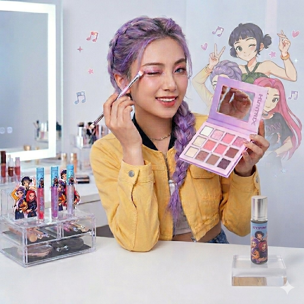 KIT DE MAQUILLAJE CON PALETA LABIALES Y MINI PERFUME DE HUNTRIX LAS GUERRERAS KPOP SIYIPING