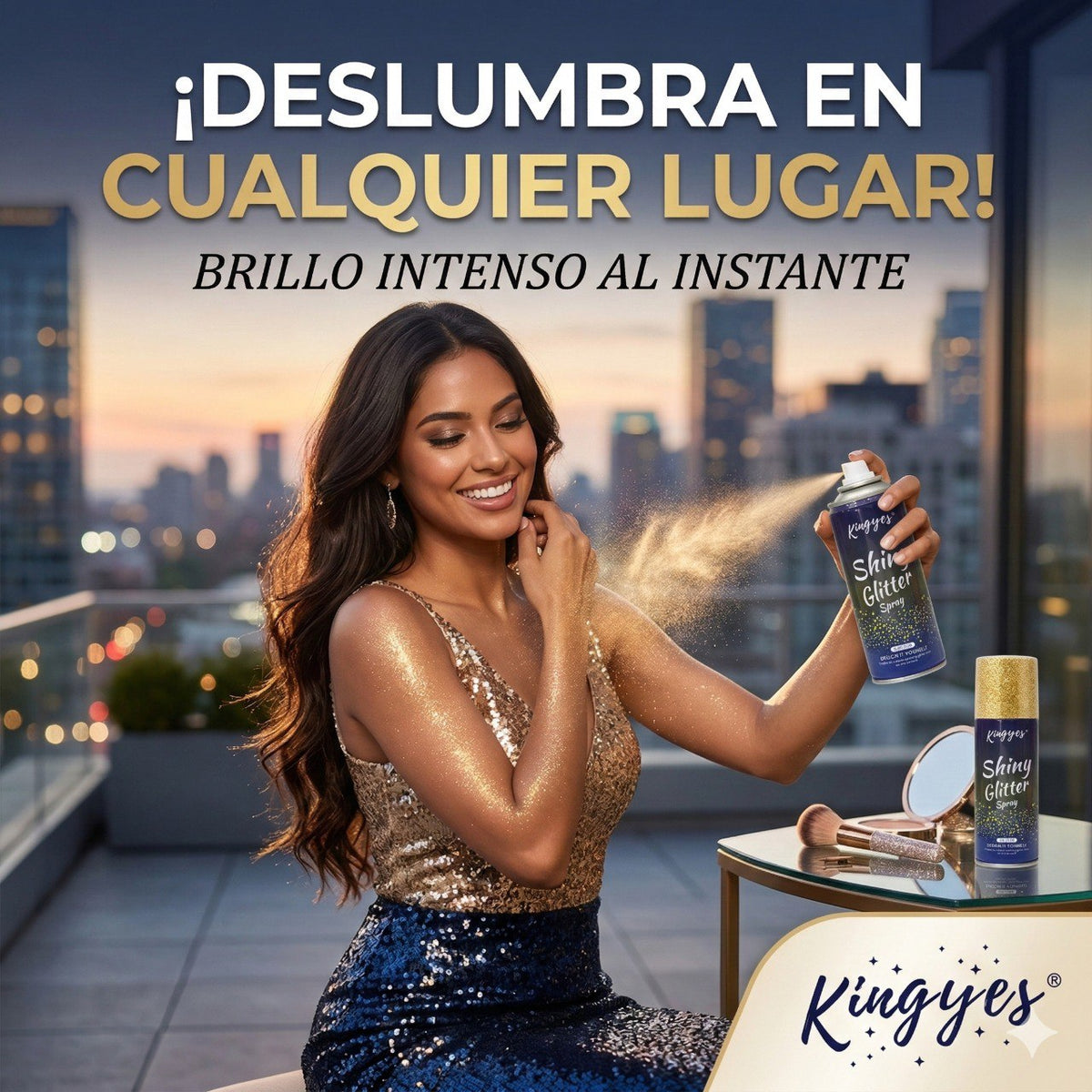 SPRAY CORPORAL COLOR DORADO CON BRILLO KINGYES 120ML