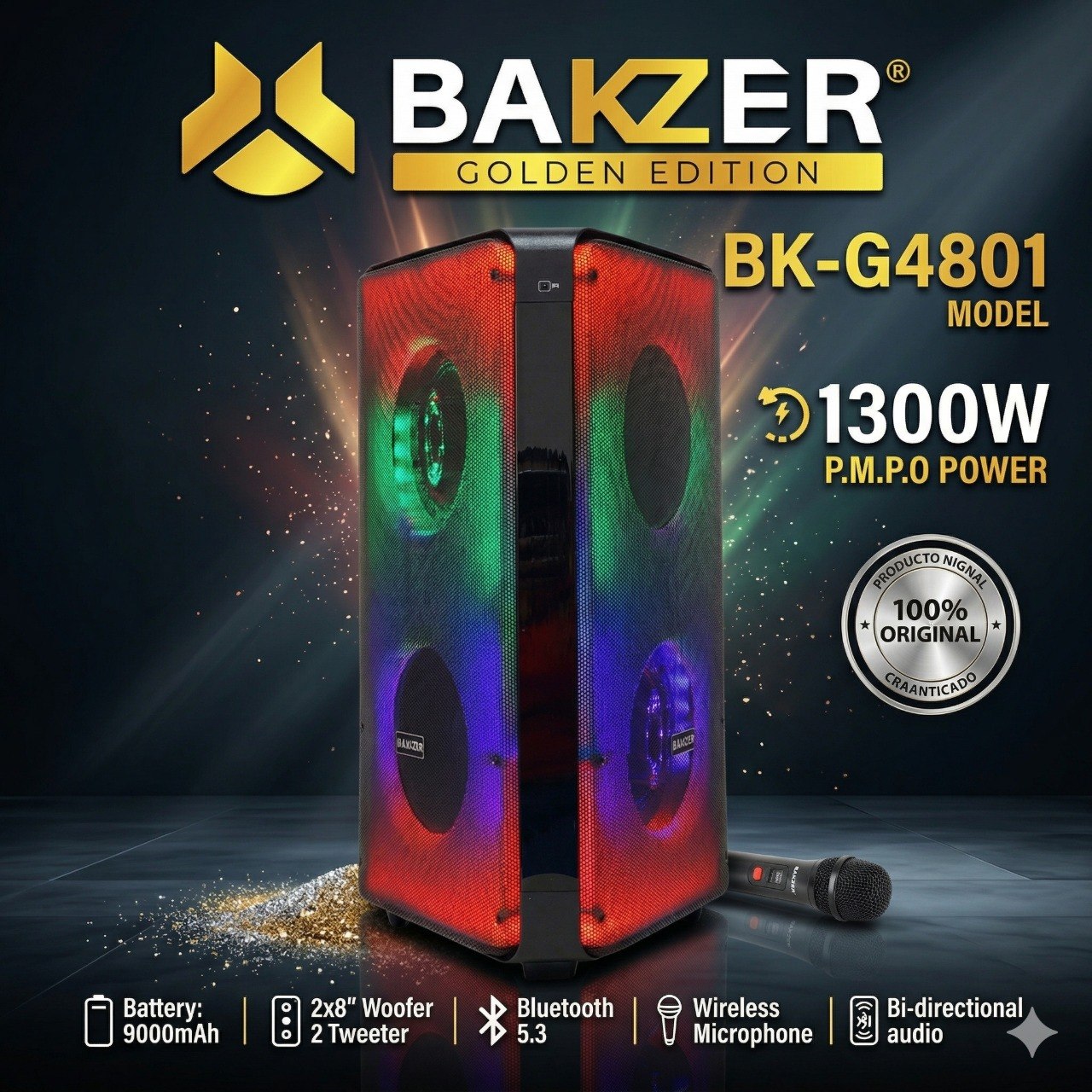 PARLANTE ALTAVOZ INALÁMBRICO DUAL CON MICROFONO Y CONTROL REMOTO MODELO BK-G4801 BAKZER 71CM