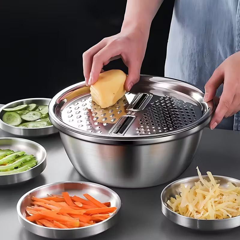 SET DE RECIPIENTE, RALLADOR Y COLADOR MULTIFUNCIONAL DE ACERO INOXIDABLE 28CM