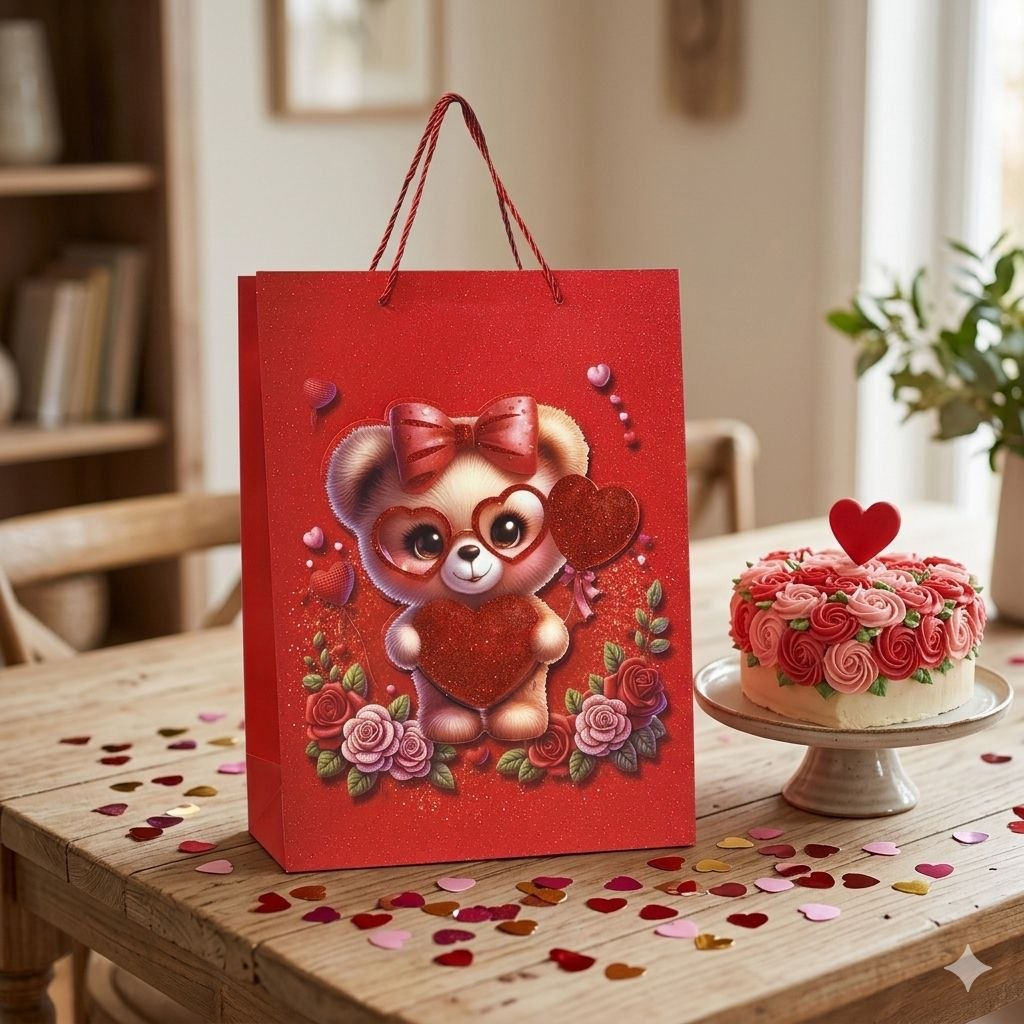 BOLSA DE REGALO GRANDE CON DISEÑO DE OSITO CON CORAZON 30X40X12CM