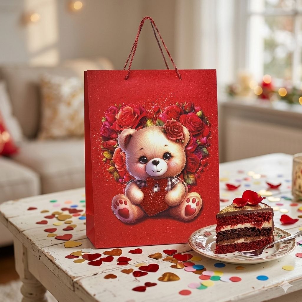 BOLSA DE REGALO GRANDE CON DISEÑO DE OSITO CON CORAZON 30X40X12CM