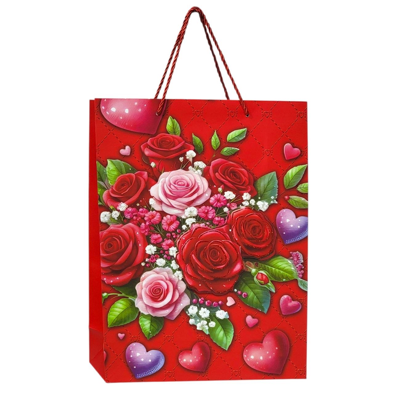 BOLSA DE REGALO GRANDE CON DISEÑO DE ROSAS Y CORAZONES 30X40X12CM