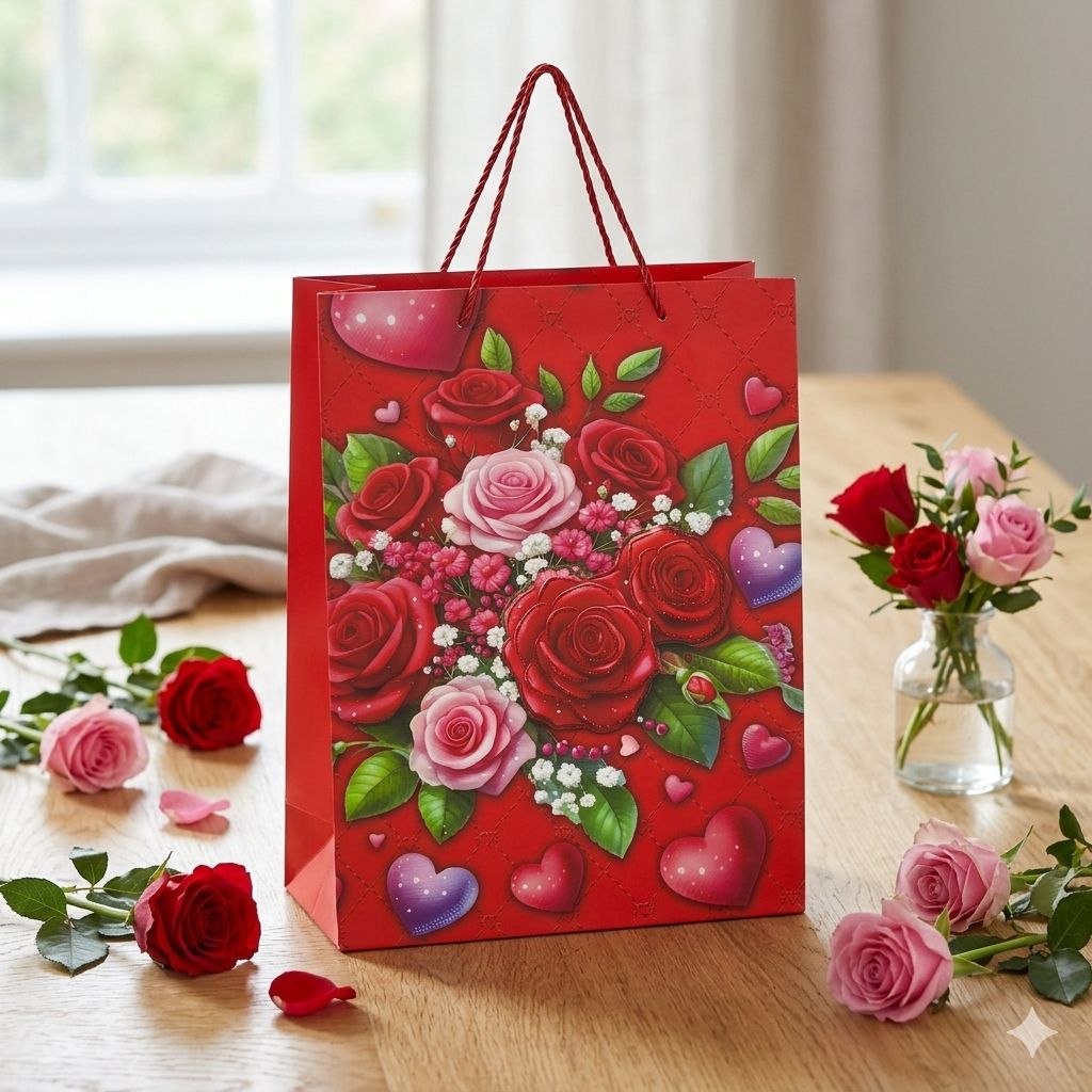 BOLSA DE REGALO GRANDE CON DISEÑO DE ROSAS Y CORAZONES 30X40X12CM
