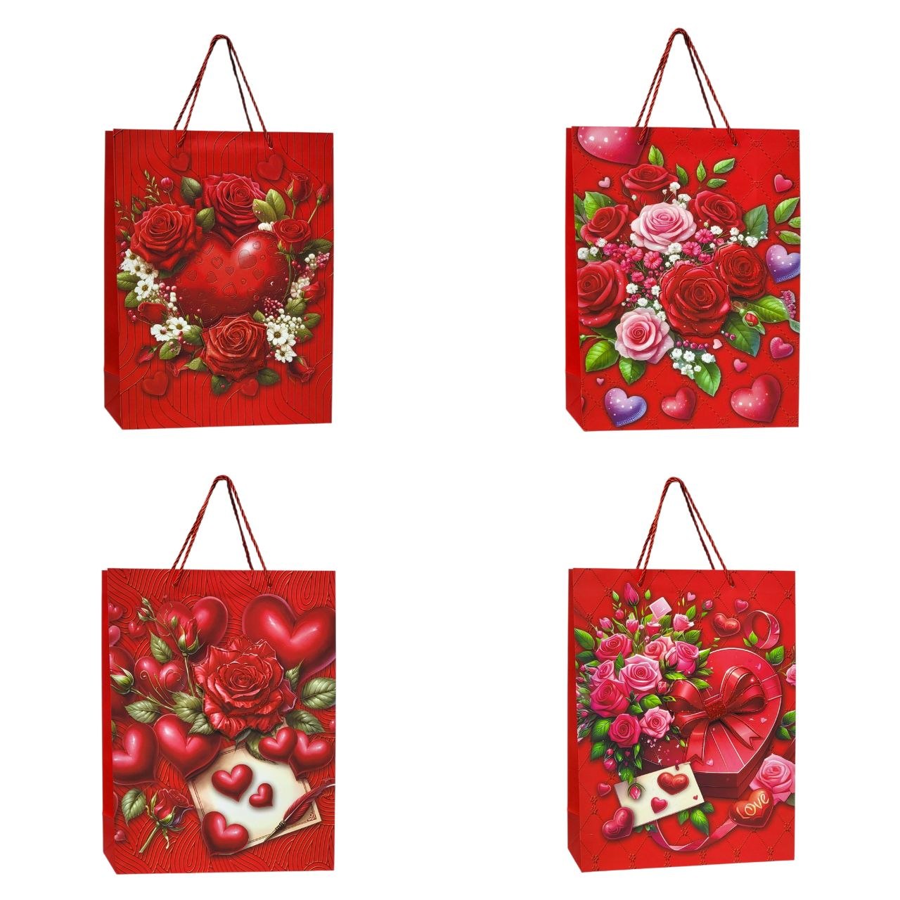 BOLSA DE REGALO GRANDE CON DISEÑO DE ROSAS Y CORAZONES 30X40X12CM