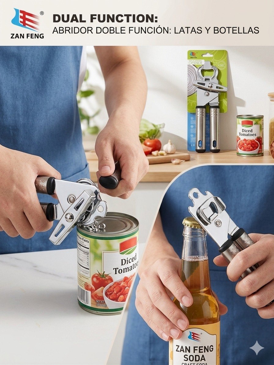 ABRELATAS MANUAL CON ABRIDOR DE BOTELLAS INTEGRADO ZAN FENG 21CM