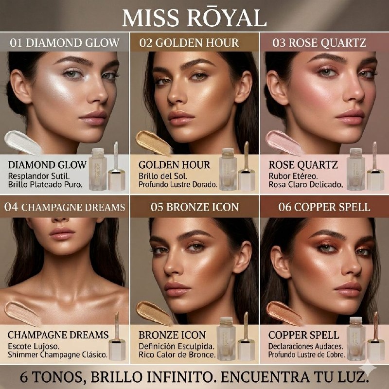 ILUMINADOR LIQUIDO DE LARGA DURACION RESISTENTE AL AGUA 6 TONOS MISS ROYAL 2.5G (DUPE DE SHEGLAM)