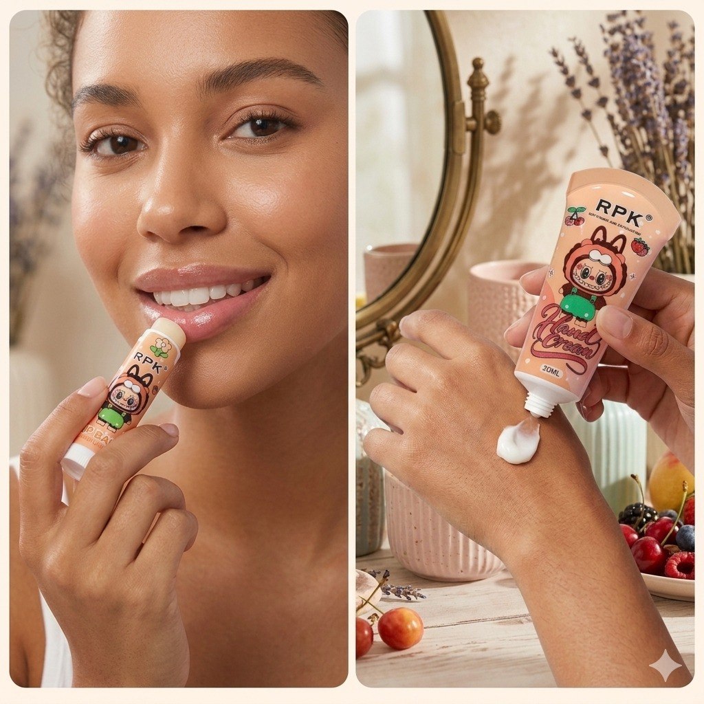 SET DE CREMA PARA MANOS Y BALSAMO LABIAL CON DISEÑO DE LABUBU RPK 20ML