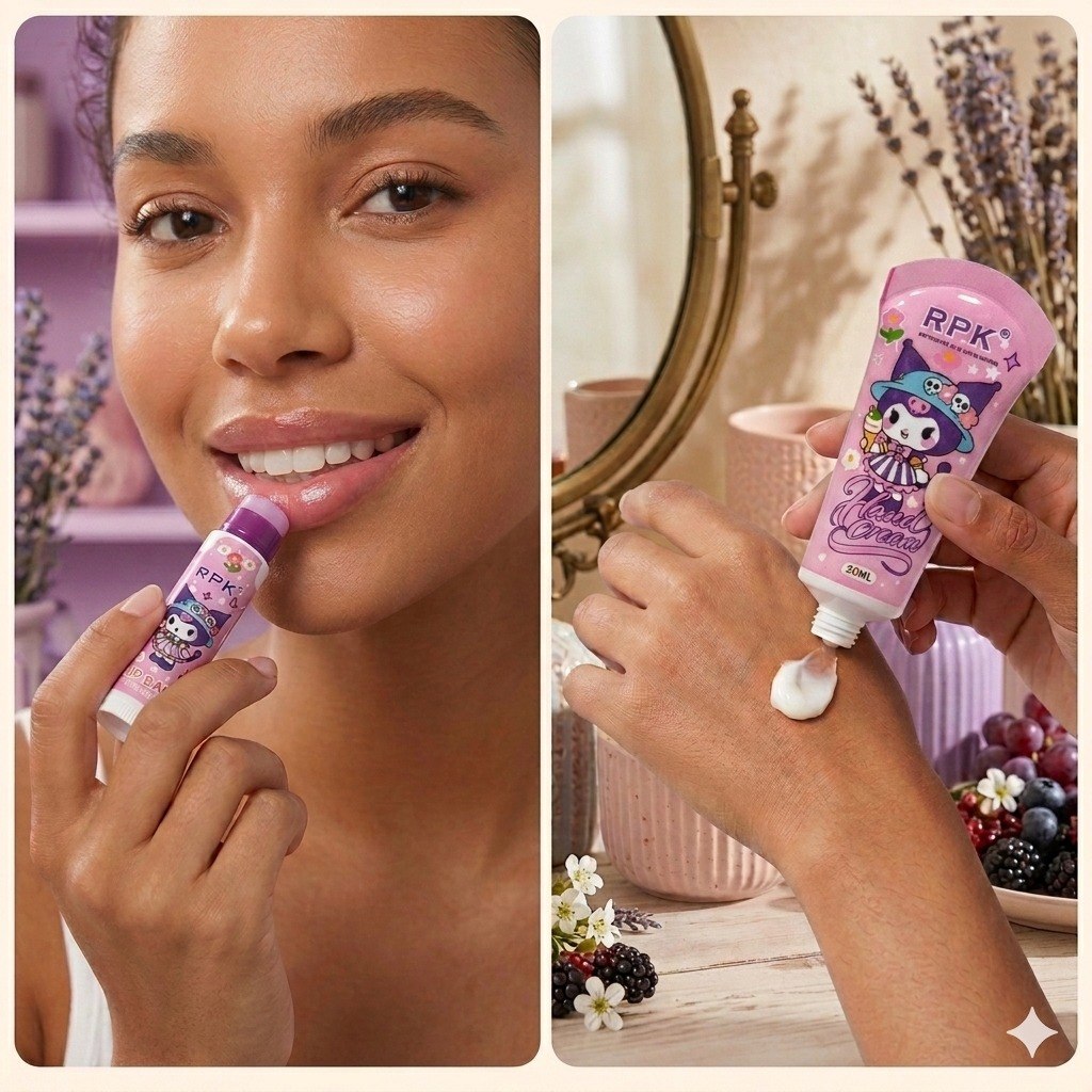 SET DE CREMA PARA MANOS Y BALSAMO LABIAL CON DISEÑO DE KUROMI RPK 20ML