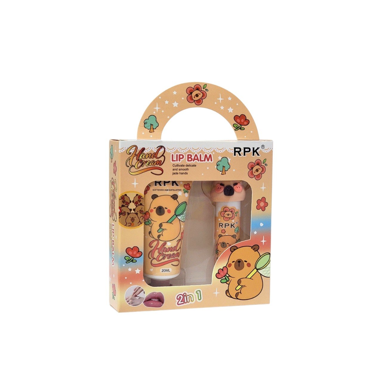 SET DE CREMA PARA MANOS Y BALSAMO LABIAL CON DISEÑO DE CAPIBARA RPK 20ML