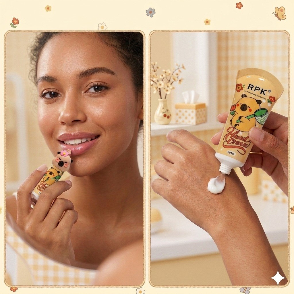 SET DE CREMA PARA MANOS Y BALSAMO LABIAL CON DISEÑO DE CAPIBARA RPK 20ML