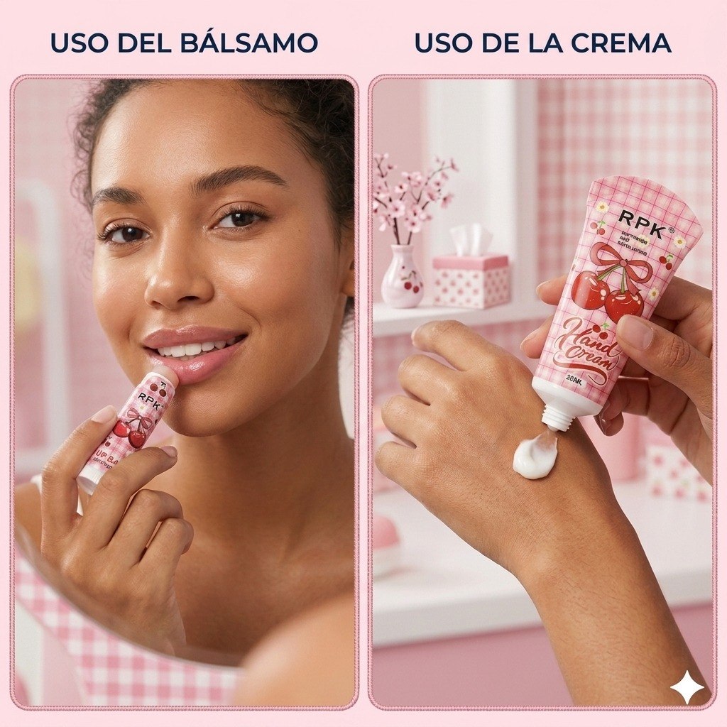 SET DE CREMA PARA MANOS Y BALSAMO LABIAL CON AROMA A CEREZA RPK 20ML