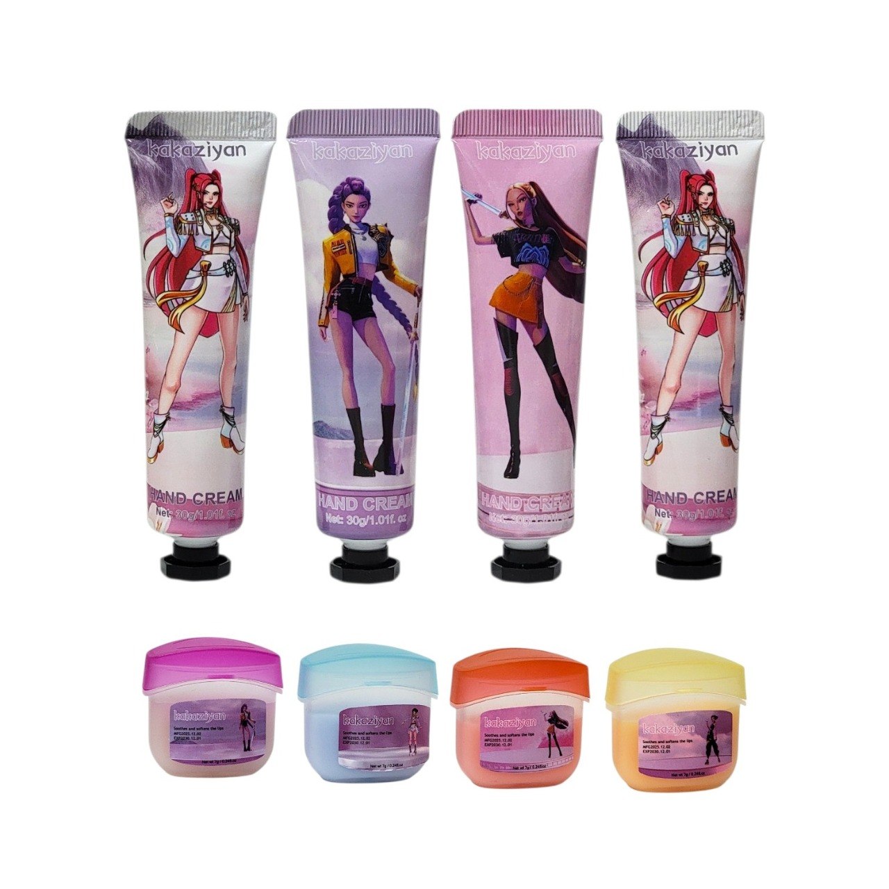 SET DE CREMAS PARA MANOS Y BALSAMO LABIAL CON DISEÑO DE GUERRERAS K-POP 4PCS KAKAZIYAN