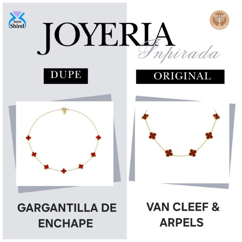 GARGANTILLA DE ENCHAPE PARA DAMA CON DISEÑO DE TRÉBOLES DE CUATRO HOJAS EN ESMALTE ROJO