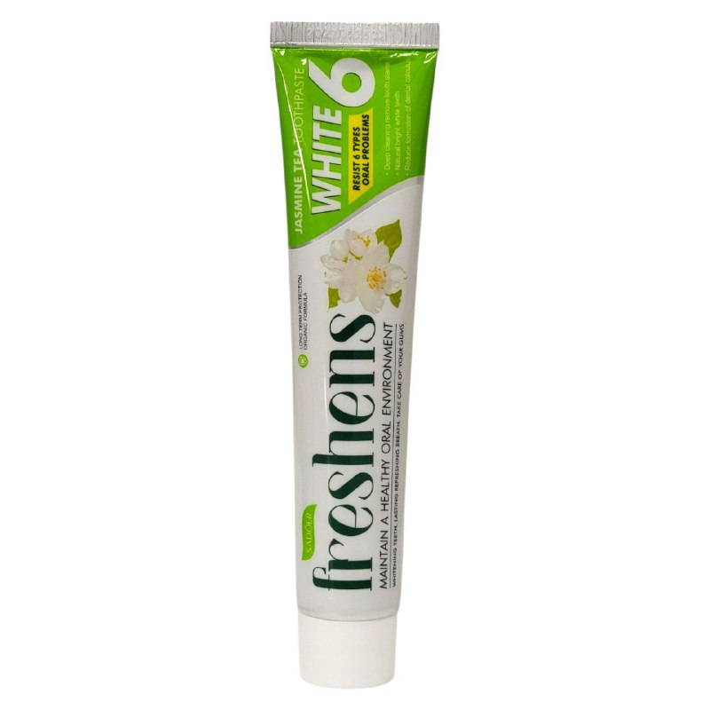 PASTA DE DIENTES, DE TE DE JAZMIN, LIMPIA PROFUNDAMENTE LAS MANCHAS DIFICILES Y EL SARRO BLANDO DE LOS DIENTES, ELIMINA LOS DIENTES AMARILLOS, CUIDA LAS ENCIAS Y REFRESCA EL ALIENTO SADOER 100G