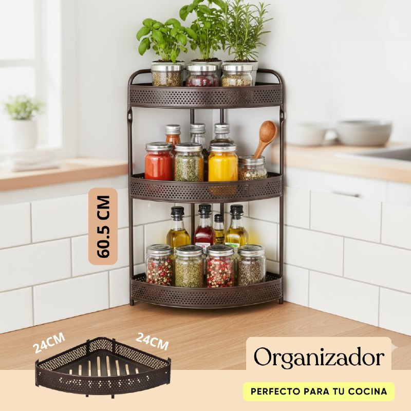 ESTANTE ORGANIZADOR DE ESQUINA DE 3 NIVELES MULTIUSOS PARA COCINA DE METAL INOXIDABLE 24X24X60.5CM