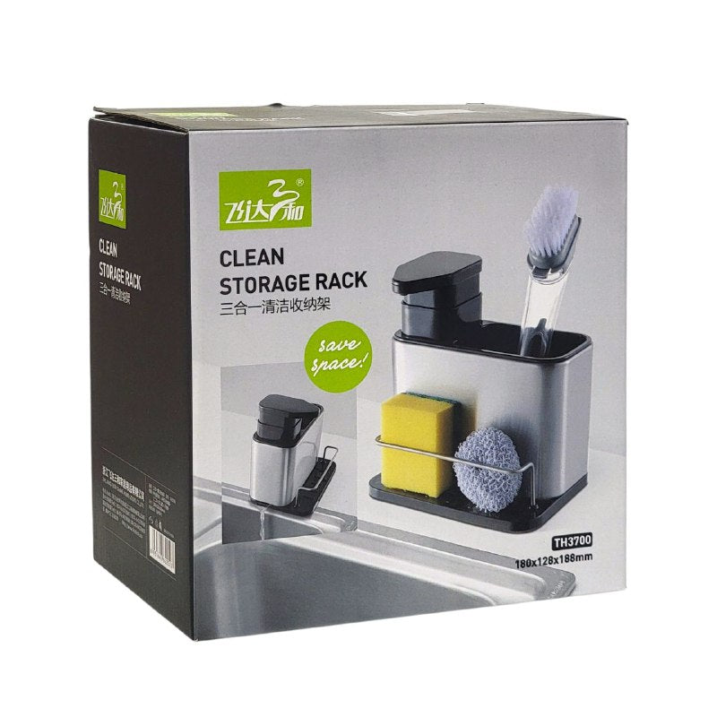 DISPENSADOR DE JABON LIQUIDO PARA COCINA, ESTANTE DE ALMACENAMIENTO DE LIMPIEZA 3 EN 1, ORGANIZADOR DE ACERO INOXIDABLE CLEAN STORAGE BOX