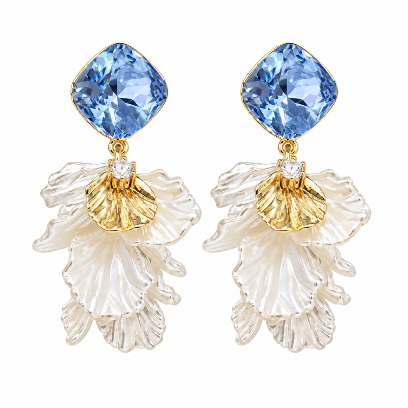 ARITOS DE ENCHAPE PARA DAMA CON DISEÑO COLGANTES CON CRISTAL CUADRADO AZUL Y PETALOS SUPERPUESTOS 3CM