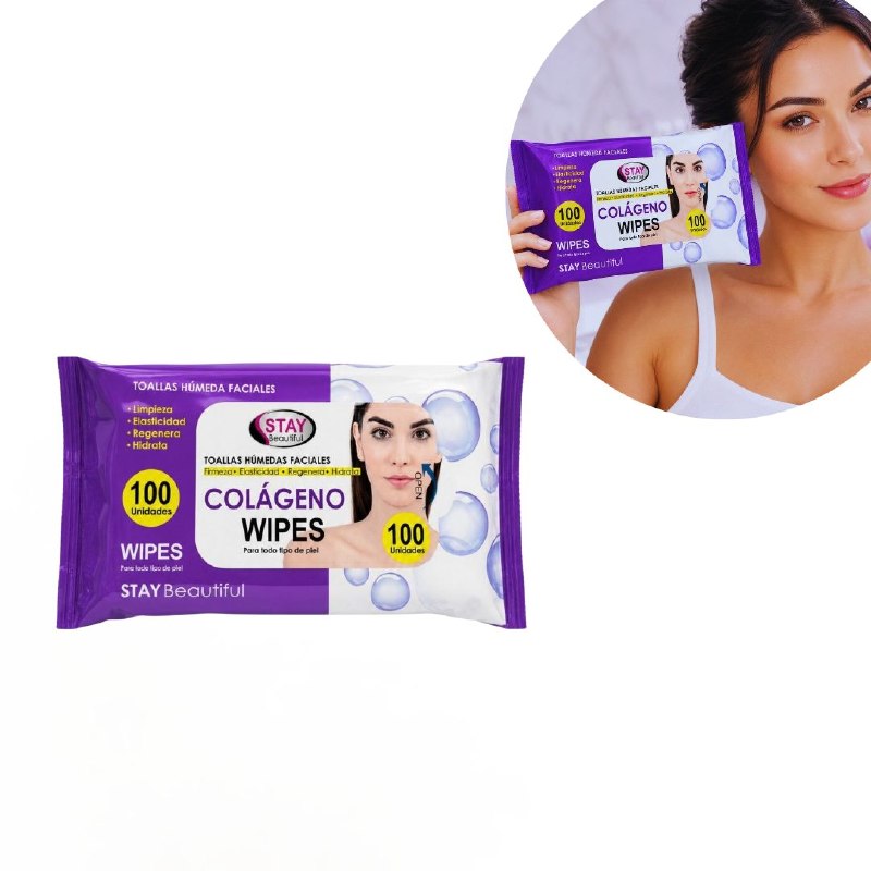 TOALLITAS HUMEDAS FACIALES CON COLAGENO LIMPIADORAS E HIDRATANTES STAY BEAUTIFUL 100UND