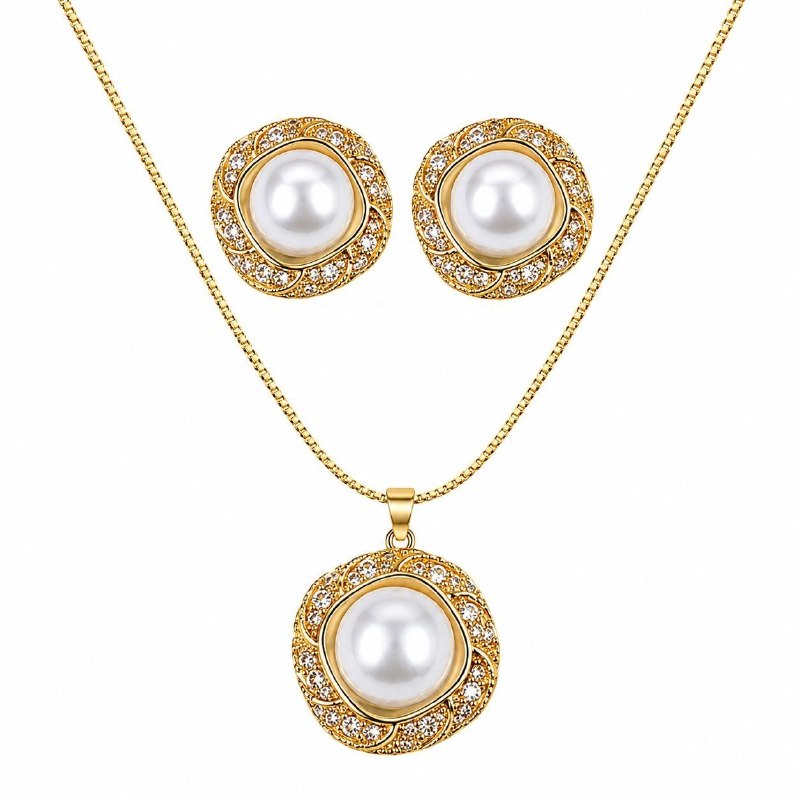 SET DE ENCHAPE PARA DAMA CADENA, DIJE Y TOPOS CIRCULAR CON PERLA Y CIRCONES