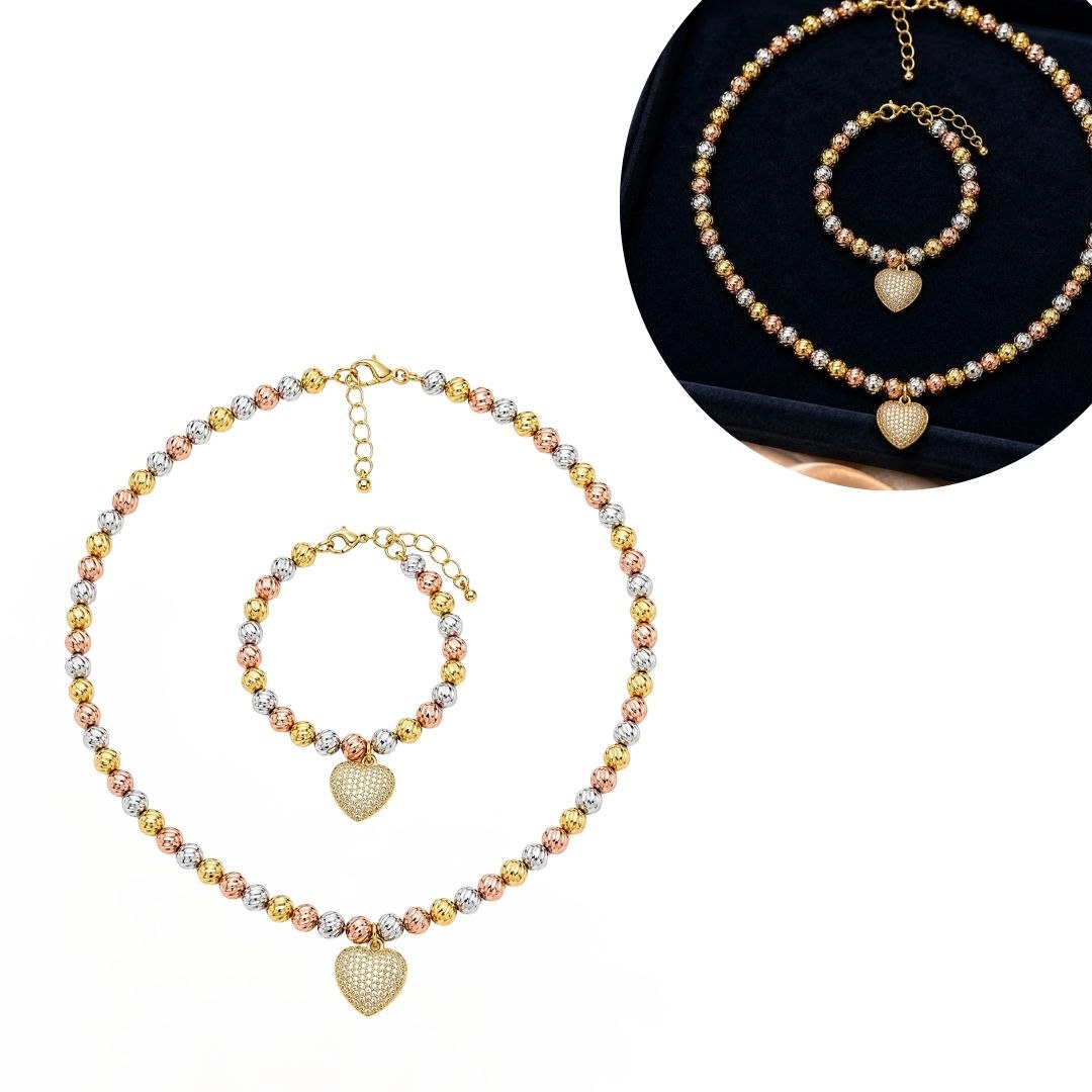 SET DE ENCHAPE PARA DAMA COLLAR Y PULSERA BALINES TRICOLOR CON DIJE CORAZÓN PAVÉ