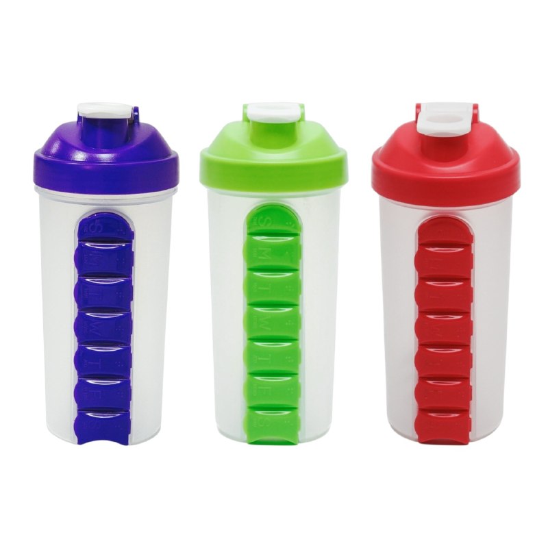BOTELLA MEZCLADORA CON ORGANIZADOR DE VITAMINAS 2 EN 1 DE PLASTICO RESISTENTE 600ML