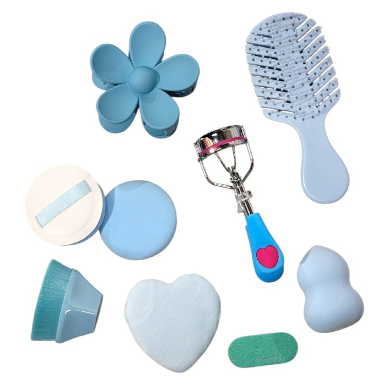 SET DE MAQUILLAJE DE 9 PIEZAS ENCRESPADOR PESTAÑAS, ESPONJAS, LIMA, BROCHA