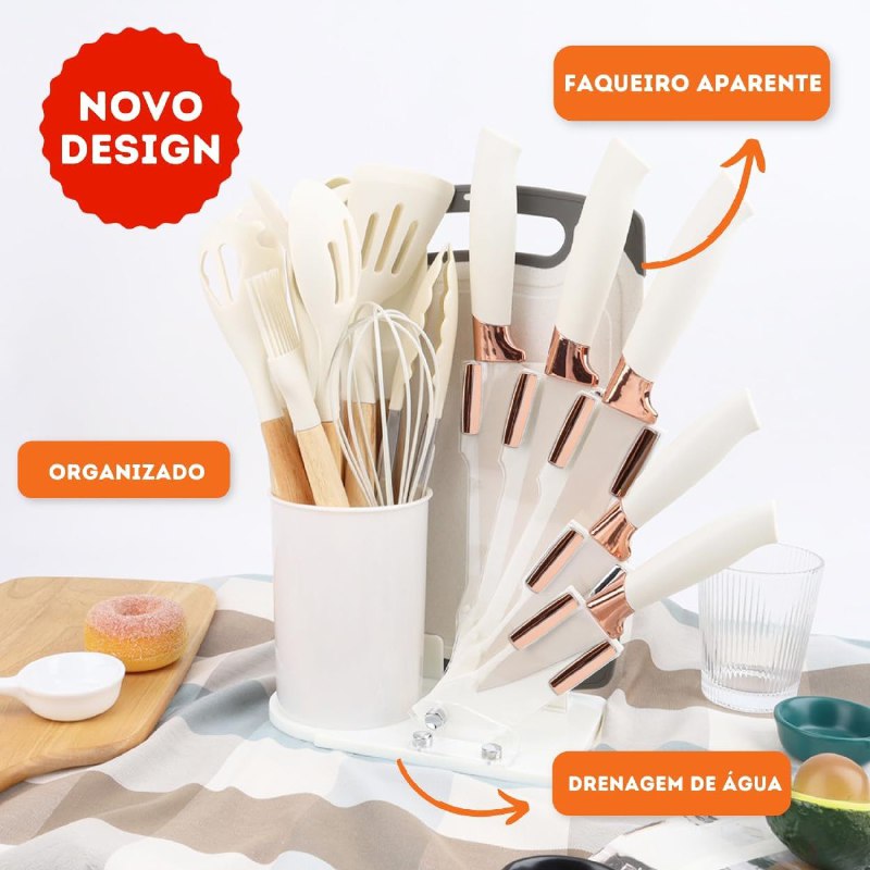 JUEGO DE CUCHILLOS DE COCINA CON UTENSILIOS Y TABLA DE PICAR COLOR BLANCO EVRYEALTH 18PCS