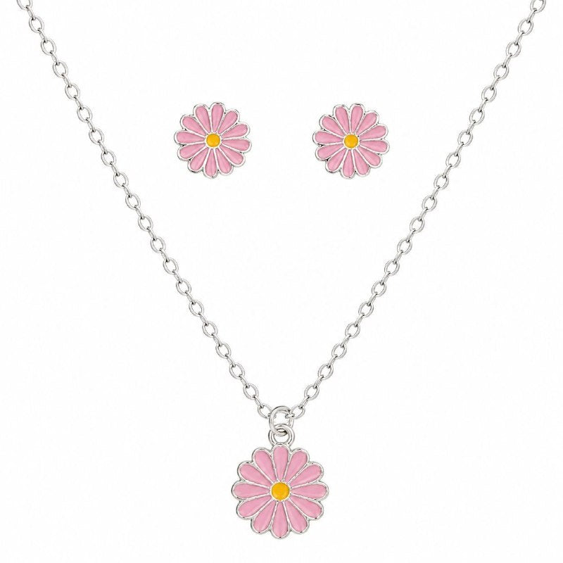SET DE ENCHAPE PARA DAMA CADENA, DIJE Y TOPOS FLOR DE MARGARITA ESMALTADA