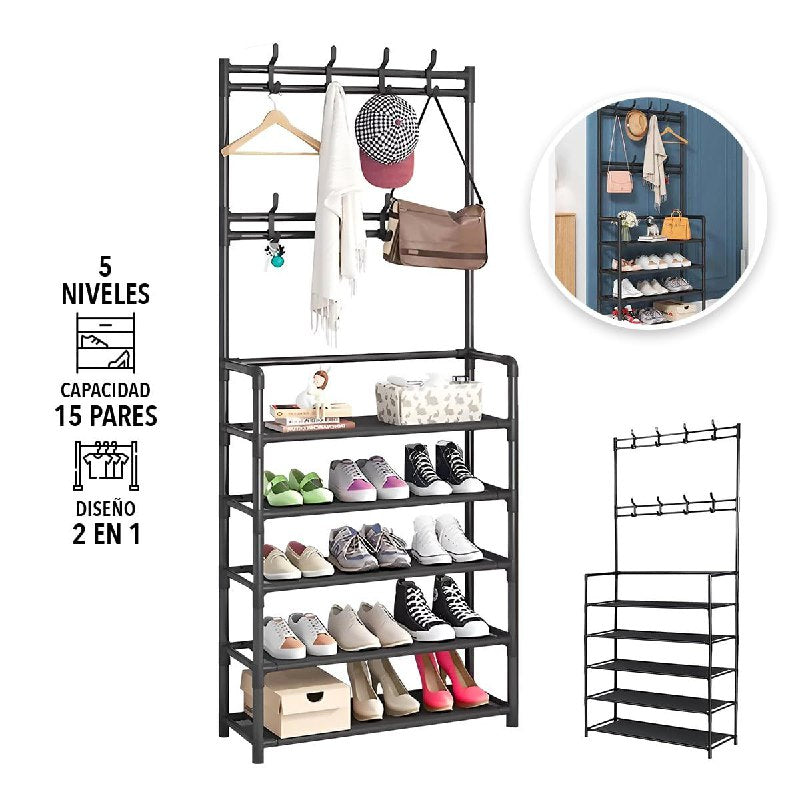 ORGANIZADOR ZAPATERA PLASTICA DE 5 NIVELES, PERCHERO MULTIFUNCIONAL 2 EN 1, CAPACIDAD 15 PARES, 8 GANCHOS COLOR NEGRO NEW SIMPLE FLOOR 80X29.5X171CM