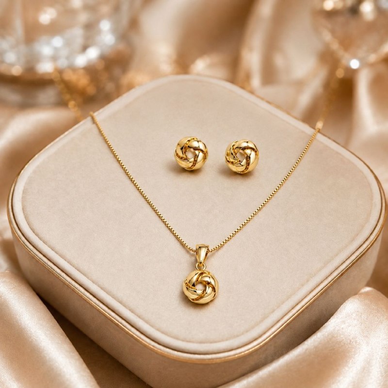 SET DE ENCHAPE PARA DAMA CADENA, DIJE Y TOPOS NUDO DE AMOR / REMOLINO DORADO PULIDO